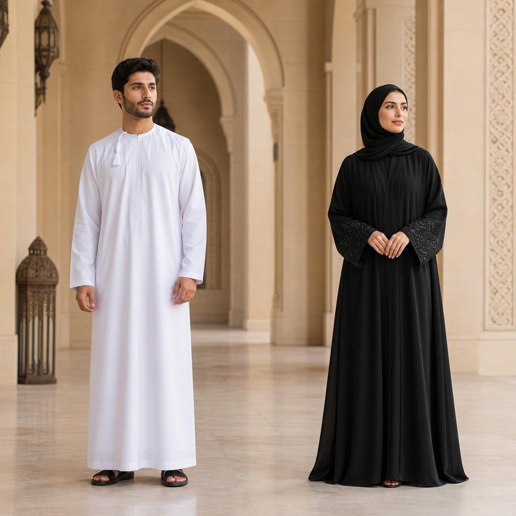 Bareheaded Omani man in a dishdasha and woman in a black abaya